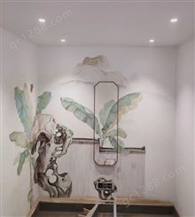 新中式国画彩绘酒店禅意墙绘定制别墅壁画设计