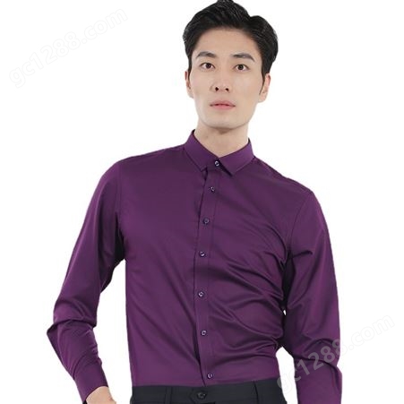 春秋款企业团体衬衫定制清爽透气竹纤维修身深紫长袖男士衬衣厂家