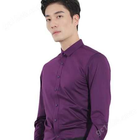 春秋款企业团体衬衫定制清爽透气竹纤维修身深紫长袖男士衬衣厂家